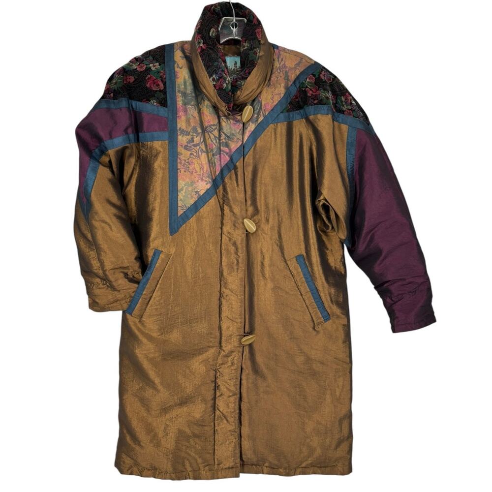 Vintage 90s Cyclone Down Midi Jacket Womens 12 Floral Velvet Accent Puffer